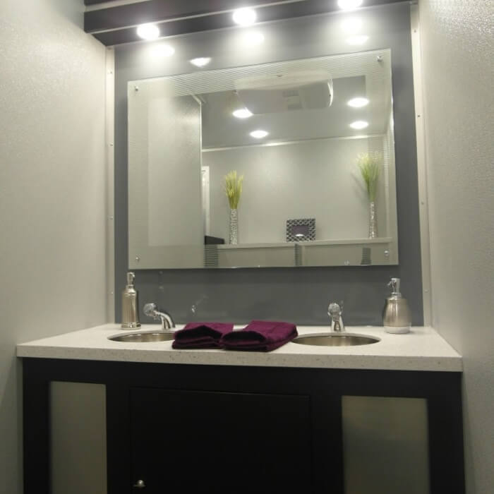 Portable Restroom Trailer Interior, Double Sink with Mirrors & Lighting