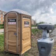 A portable restroom and hand washing station from Moon Portable Restrooms, part of a press release
