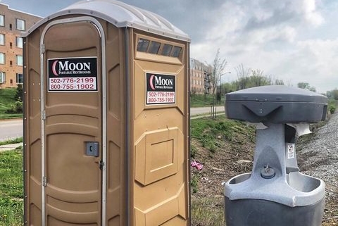 A portable restroom and hand washing station from Moon Portable Restrooms, part of a press release